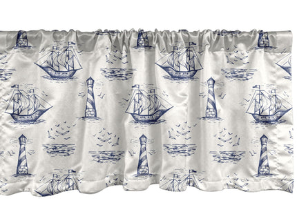 Lunarable Nautical Window Valance Pack of 2, Ships Sailing in The Sea Waves with Lighthouse Seagulls Pirate Retro, Rod Pocket Curtain Valances for Kitchen Bedroom, 54" X 18", White Night
