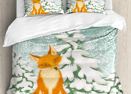 Ambesonne Antlers Duvet Cover Set, Deer Tree Forest Holiday Theme Flying Leaves Branch Reindeer Winter Print, Decorative 3 Piece Bedding Set with 2 Pillow Shams, Queen Size, White Red