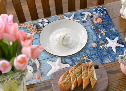 Blue Placemats Set of 4, Summer Nautical Theme Starfish Shell Fishnet Non Slip Heat Resistant Linen Fabric Cloth Place Mats, Washable Holiday Party Dining Table Mats for Coastal Home Kitchen Decor