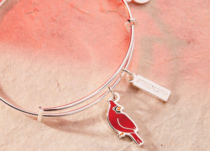 ALEX AND ANI 'Strength' Cardinal Duo Charm Bangle Bracelet - Red Cardinal Charm, Inspirational 'Strength' Accent, Nickel-Free, Cardinal Jewelry for Women (Shiny Silver)