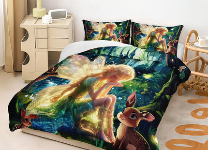 AILONEN Butterfly Fairy Comforter Set, Princess and Elk Duvet Set, Full Size, Mysterious Forest Theme Bedding Set, 1 Quilt + 2 Pillow Case