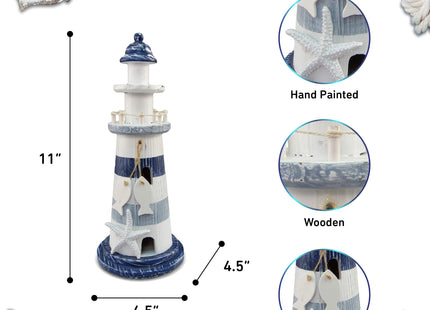 Puzzled COTA Global Large Blue White and Blue Stripes Wooden Lighthouse Decor - Cute Nautical Theme Decor Lighthouse with White Starfish Decor and Hanging Fish Decorative Ornaments - 4.5x11 Inches