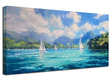 Arjun Blue Lake Wall Art for Living Room Sailboat Nautical Canvas Painting Framed Landscape Picture Artwork Prints Textured Bedroom Home Office Dining Room Kitchen Wall Decor 40"x20"