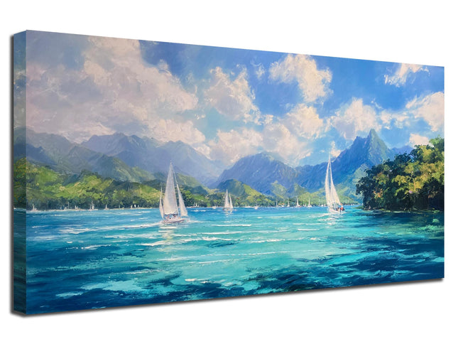 Arjun Blue Lake Wall Art for Living Room Sailboat Nautical Canvas Painting Framed Landscape Picture Artwork Prints Textured Bedroom Home Office Dining Room Kitchen Wall Decor 40"x20"