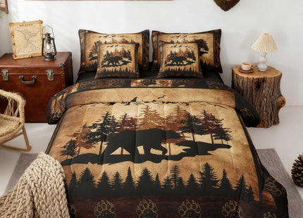 Homewish 7 Pcs Lodge Cabin Comforter Set with Sheets Full Size Retro Grid Animal Paw Print Bedding Sets for Kids Teens Adults All Season Lightweight Soft Comfy Bed Set