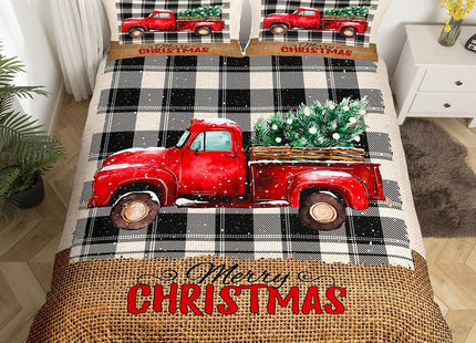 Kids Christmas Truck Duvet Cover Set Full Size,Xmas Tree Snowflake Bedding,Girls Boys Adults Room/Cabin Decor,Geometric Grids Plaid Chic Comforter Cover,Rustic Retro Quilt Cover,3pcs,2 Pillowcases