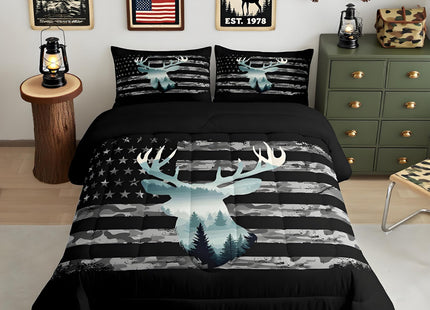 Feelyou Camo Hunting Bedding Set - Twin Size, Forest Smoky Deer Comforter, American Flag Duvet Set with 1 Pillow Case