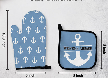 OHSUL Blue Nautical Oven Mitts and Pot Holders Sets, Nautical Anchor Lake House Kitchen Decor Accessories, Welcome Aboard Heat Resistant Oven Gloves Hot Pads for Kitchen Cooking Baking Grilling