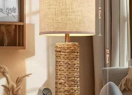 BOWOBO 27.5'' Tall Natural Rattan Table Lamps Set of 2, Hand - Woven Wicker Lamp with Linen Shade, Rustic Coastal Boho Style Table Lamps for Bedroom, Living Room, Home Decor