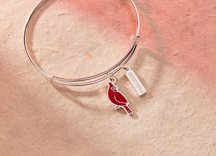 ALEX AND ANI 'Strength' Cardinal Duo Charm Bangle Bracelet - Red Cardinal Charm, Inspirational 'Strength' Accent, Nickel-Free, Cardinal Jewelry for Women (Shiny Silver)