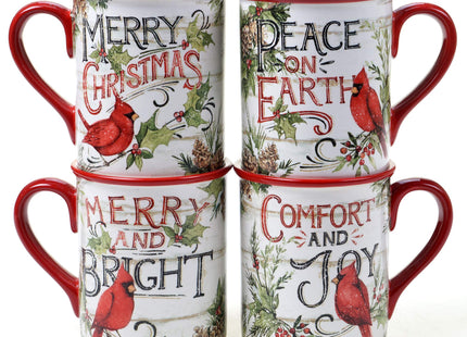 Certified International Evergreen Christmas 16 oz Ceramic Mugs – Set of 4 – Holiday Cardinal Design with Festive Sayings – Durable Stoneware Drinkware for Hot Cocoa, Coffee, Tea & Winter Gifting