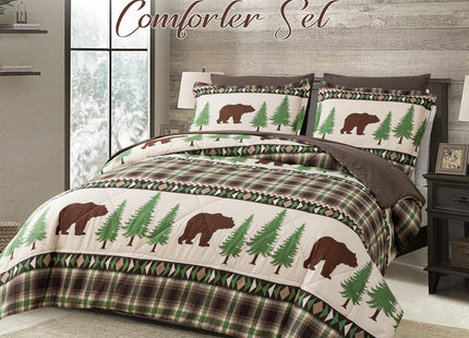 Comforter Set King Size Rustic Bear Comforter Bedding-7 Piece Bed in a Bag, Soft Fluffy Reversible Microfiber Bedding Set(1 Comforter,1 Flat Sheet,1 Fitted Sheet,2 Pillowcases,2 Pillow Shams),Green