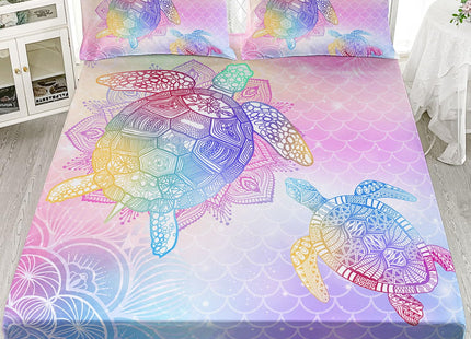 Datura home Bedding Fitted Sheet and Flat Sheet Set 4Pcs Boho Sea Turtle Printed Bedding Set with 1 Flat Sheet and 1 Fitted Sheet + 2 Pillowcases for Girls (Boho Turtle Full)