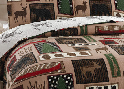 Oliven Reversible Home Rustic Bedding Lodge Moose Bear Quilt Set King Size,3 Pcs Lightweight Cabin Bedspread Bear Paw Eagle Elk Printed Bed Cover All Season Coverlet Bed Set with King Pillow Shams
