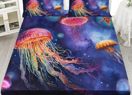 HOSIMA Blue Purple Fitted Sheet Set Queen Size Jellyfish Decor,Jellyfish Starfish Underwater World Bedding for Girls Room Decor,Nautical Sea Life Kids Fitted Sheet Set,1 Fitted Sheet+2 Pillowcases.
