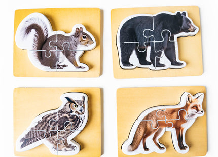 Wooden Montessori Animal Puzzles for Toddlers 2+ Years | Realistic Chunky Woodland Animal Shape Puzzle | Educational Learning Toy - Four-Piece Woodland Creature Puzzles