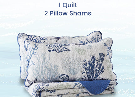 Qucover Coastal Quilt Sets King Size 106x98in, Reversible Microfiber Quilts with 2 Shams Soft Lightweight Beach Bedding Bedspread Coverlet Summer Comforter Set for All Season, Navy Blue