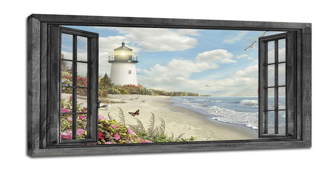 Lighthouse Large Cnavas Wall Art Oversize Nautical Coastal Pictures Prints Beach Ocean Decorations Painting Framed Window Seascape Artwork Gifts Office Home Decor for Bathroom Dining Living 60"x30"