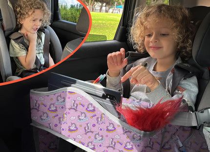 PILLANI Kids Travel Tray for Car - Carseat Tray for Toddler, Road Trip Must Haves with Cup Holder & Drawing Board - Toddler Airplane Travel Essentials for Girls - Car Accessories for Kids