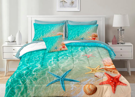 Merryword Ocean Beach Comforter Set Queen Size 8 Pieces Bed in a Bag Coastal Style Bedding with 1 Comforter, 4 Pillowcase, 1 Flat Sheet, 1 Fitted Sheet, 1 Cushion Cover