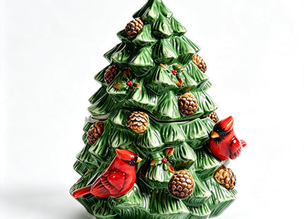 FORLONG Ceramic Christmas Tree Cookie Jar with Lid, Cardinal Bird Decor, Kitchen Food Storage Canister