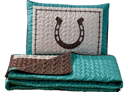 WPM WORLD PRODUCTS MART Western Teal/Beige/Brown Horseshoe, Horse, Barb Wire Cowboy Print Queen Size Bedspread 3 Piece Southwestern Cabin Lodge Design Coverlet Quilt Set- JENA (Queen)