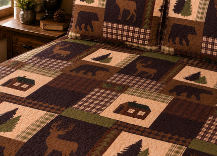 Rugs 4 Less Rustic Western Lodge Quilted Plaid Reversible Bedspread Set with Wildlife Imagery of Grizzly Bear Elk Buck and Pine Trees in Dark Brown - Alpine Trail (King/Cal-King)