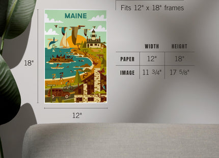 Lantern Press Maine Wildlife, Lighthouse and Coastal Life Illustration, 12x18 Inch Art Print, Home Decor⁠