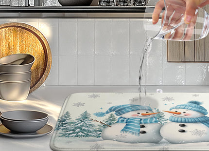 Winter Dish Drying Mat Winter Snowman Large Kitchen Mats Dish Drying Pad Blue Snowman Pine Tree Absorbent Dish Dryer Mat for Kitchen Countertops Microfiber Drainer Pad Dish Drying Mats (18x24 in)