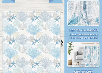 JarThenaAMCS Coastal Ocean Fuzzy Blanket Coral Seashell Starfish Throw Blanket Beach Sea Cozy Flannel Blanket for Summer Home Bed Sofa Couch Chair Nautical Decor, 70 x 60 Inch