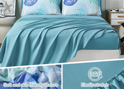 Xruibed Coastal Comforter Set Queen Size, Beach Coral Themed Bed in a Bag, 7 Pieces Ocean Nautical Seaweed & Starfish Soft Summer Comforter Bedding Sets for All Seasons(90"×90")