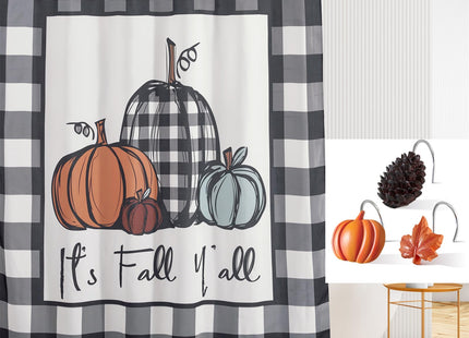 Estmy 12PCS Fall Autumn Shower Curtain Hooks Rings Fall Bathroom Decor Accessories Metal Rustproof Maple Leaf Pumpkins Pinecone Fall Leaves Thanksgiving Decorative Shower Hooks Rings for Curtains