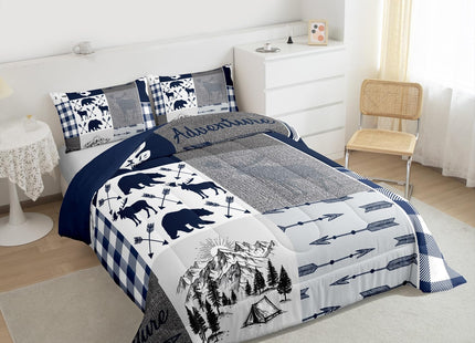Erosebridal Camping Down Comforter for Kids, Deer Bear Comforter Set Queen Size Rustic Buffalo Plaid Patchwork Bedding Set for Teens Adult Bedroom, Lodge Woodland Wildlife Duvet Sets, Grey Blue