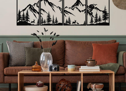 Sanwarm Wall Decor, 4 Pieces, Black Metal, for Home Mountain Forest