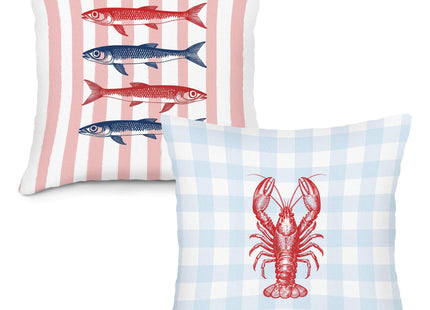 LLOKARNORA Preppy Sardine Fish Throw Pillow Covers Set of 2, Trendy Blue Checkered Pillow Case Cover for Nursery, Striped Lobster Square Pillowcase, Ocean Cushion Cover Case for Bedroom, 18x18 Inch