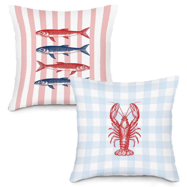 LLOKARNORA Preppy Sardine Fish Throw Pillow Covers Set of 2, Trendy Blue Checkered Pillow Case Cover for Nursery, Striped Lobster Square Pillowcase, Ocean Cushion Cover Case for Bedroom, 18x18 Inch