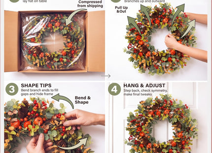 Pudate Fall Wreath 22 Inch Eucalyptus Pinecone Pumpkin Front Door Décor