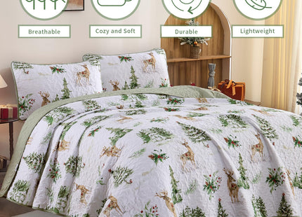 Christmas Quilt Set Queen Size Green Xmas Reindeer Pine Tree Bedding Set