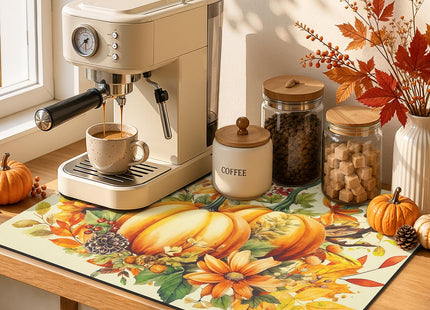 LOKHOM 12"x20" Fall Dish Drying Mat，Pumpkin Maple Leaves Floral