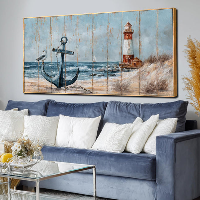 Bird Wall Decor,Beach Wall Art For Living Room, Lighthouse Large Framed Canvas Coastal Pictures Arts for Walls,Blue Poster Prints for Home Office 29"x58"