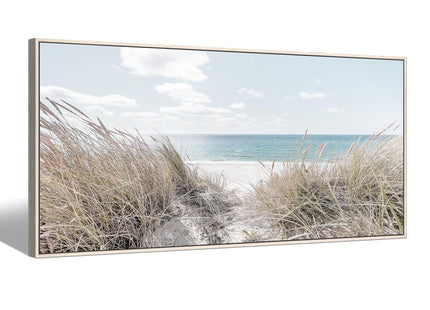 Beach Canvas Framed Wall Art: Large Coastal Seascape Picture Decor Ocean Scene Sea Print Painting Modern Seaside Seashore Grass Artwork for Bedroom Living Room Office