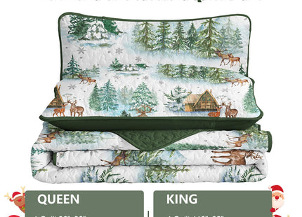 Dobuyly Christmas Quilt Set Queen Size, Forest Green Pine Cabin Bedspreads