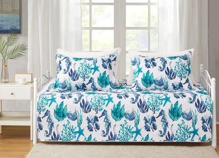 3 Piece Ocean Daybed Cover Set Twin Size Daybed Bedding Sets Beach Theme Daybed Cover Seahorse Starfish Shell Printed Bedspread Coverlet for Twin Bed with 2 Standard Shams,39"x75"