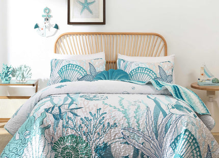 Djoymock Coastal Quilts Bedding Set Queen Size, Summer Green Fish Coral Nautical Bedding Quilt Set with Pillow Cases, Ocean Beach Reversible Bedspreads Coverlet Soft Microfiber Lightweight Comforter