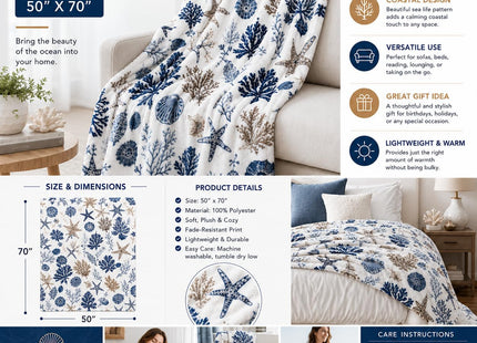 Ocean Coastal Shells Throw Blanket, Nautical Blues Beige on White, 50x70