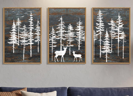 Celestdeco Vintage Pine Tree Deer Framed Canvas Wall Art Set-24"x36" x3