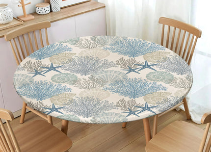 Summer Coastal Round Fitted Tablecloth with Elastic Edge,Water-Resistant Picnic Nautical Coral Starfish Seashell Table Cover for 40"-44" Found Tables Blue Ocean Table Cloth for Dinner,Outdoor,Patio