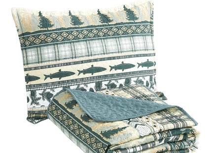 Chezmoi Collection Lake 3-Piece Lodge Quilt Set King - Multicolor Pine Tree Fish Deer Explorer Mountain Printed Microfiber Lightweight Bedspread Set for All Season