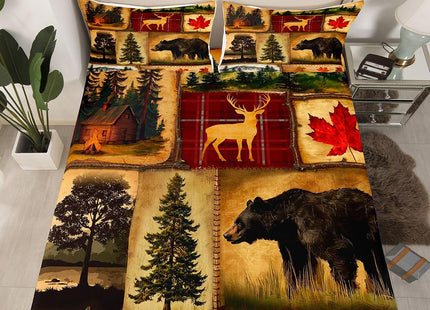 Rustic Farmhouse Bed Sheets Set Full Size, Retro Cabin Lodge Sheets, Hunting Bear Deer Sheet Set, Country Maple Leaves Bedding Set, Rustic Woodland Pine Tree Flat Fitted Sheet, Red Brown, 4Pcs
