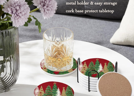 Nicegod Christmas Tree Drink Coasters Set of 6, Round Absorbent Ceramic Coaster, with Metal Holder and Cork Base, Pine Tree Xmas Red Coasters for Coffee Table Housewarming New Year's Gifts